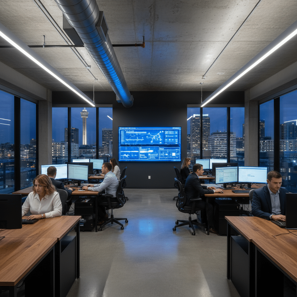 Alamo Telecom team providing IT procurement and network monitoring services in a modern San Antonio office overlooking the Tower of the Americas.