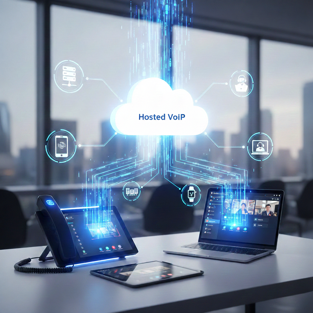 UCaaS diagram showing connection between desk phones laptops and mobile apps